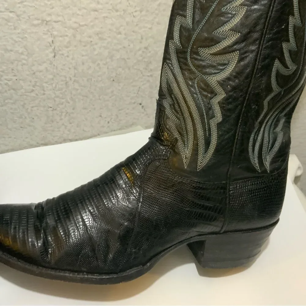 Justin Lizard Skin Leather Cowboy Western Boots Men's 9.5 D Black USA 8313